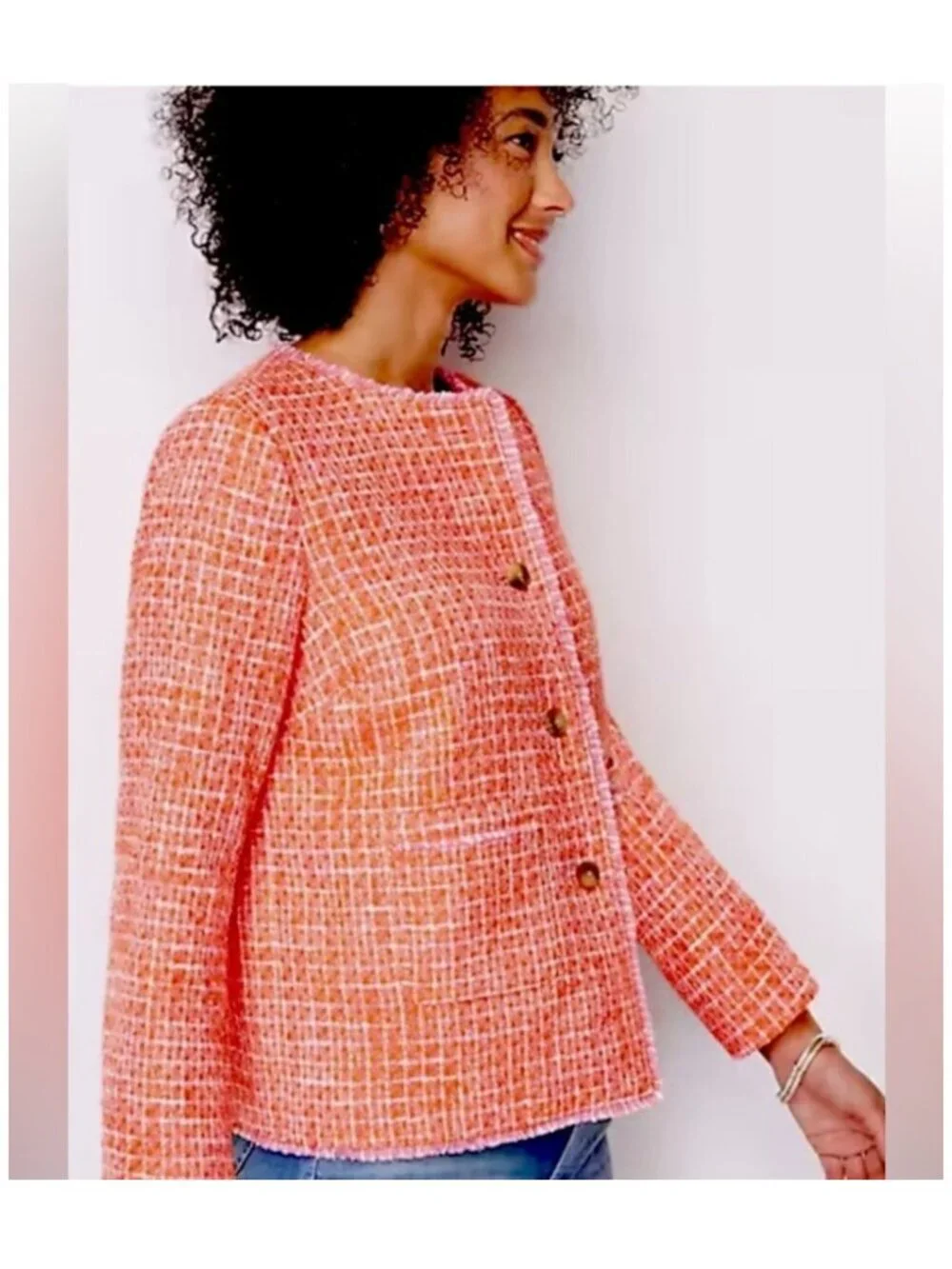 J. Jill Coral Pink Tweed Textured Jacket Fringe Trim Cotton Blend XL - Picture 4 of 8
